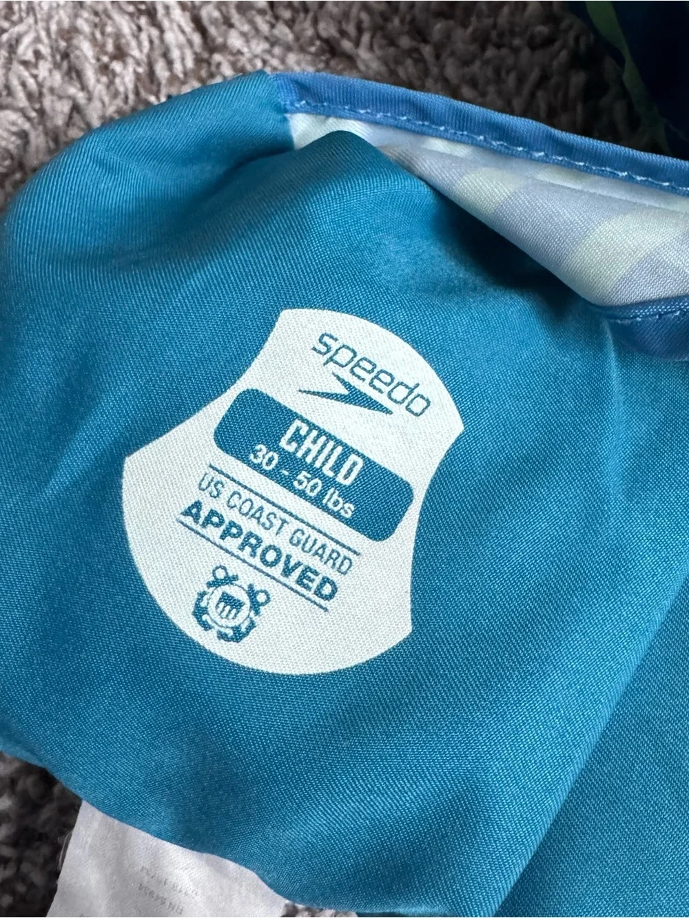 Speedo Teal Swim Vest with Lime Green Stripes and Surf Shark Graphic